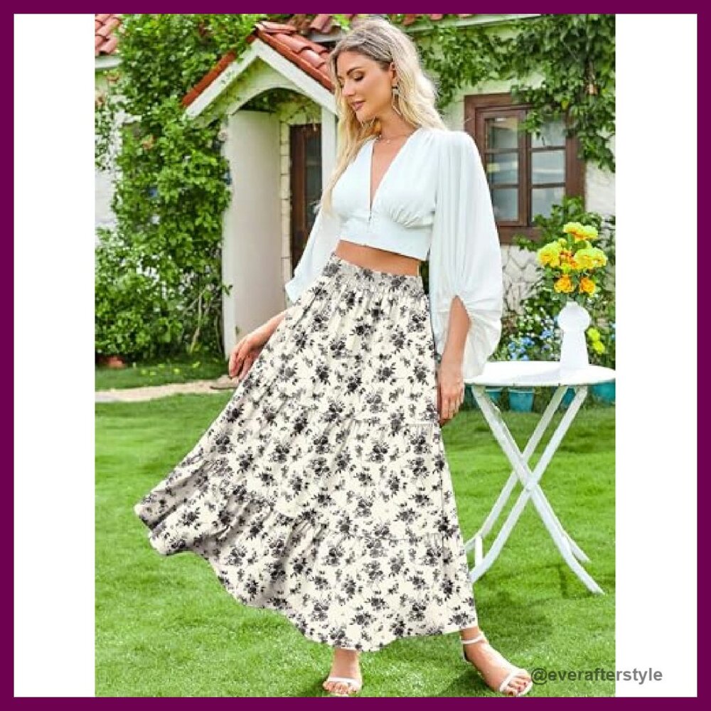Boho Maxi Skirt Flowy Pleated Tiered High Waist Elastic A-Line Summer - Picture 3 of 8